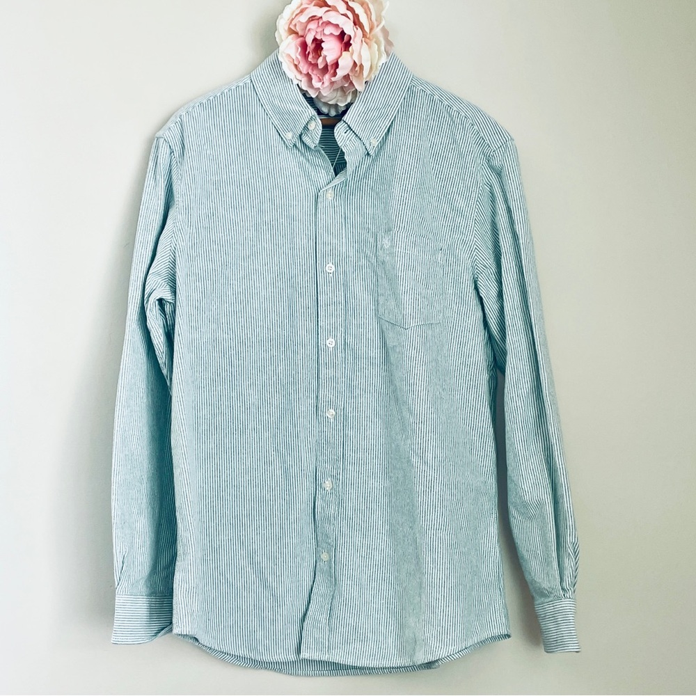 Chaps Men's Light Green Cotton Striped Button Down Shirt